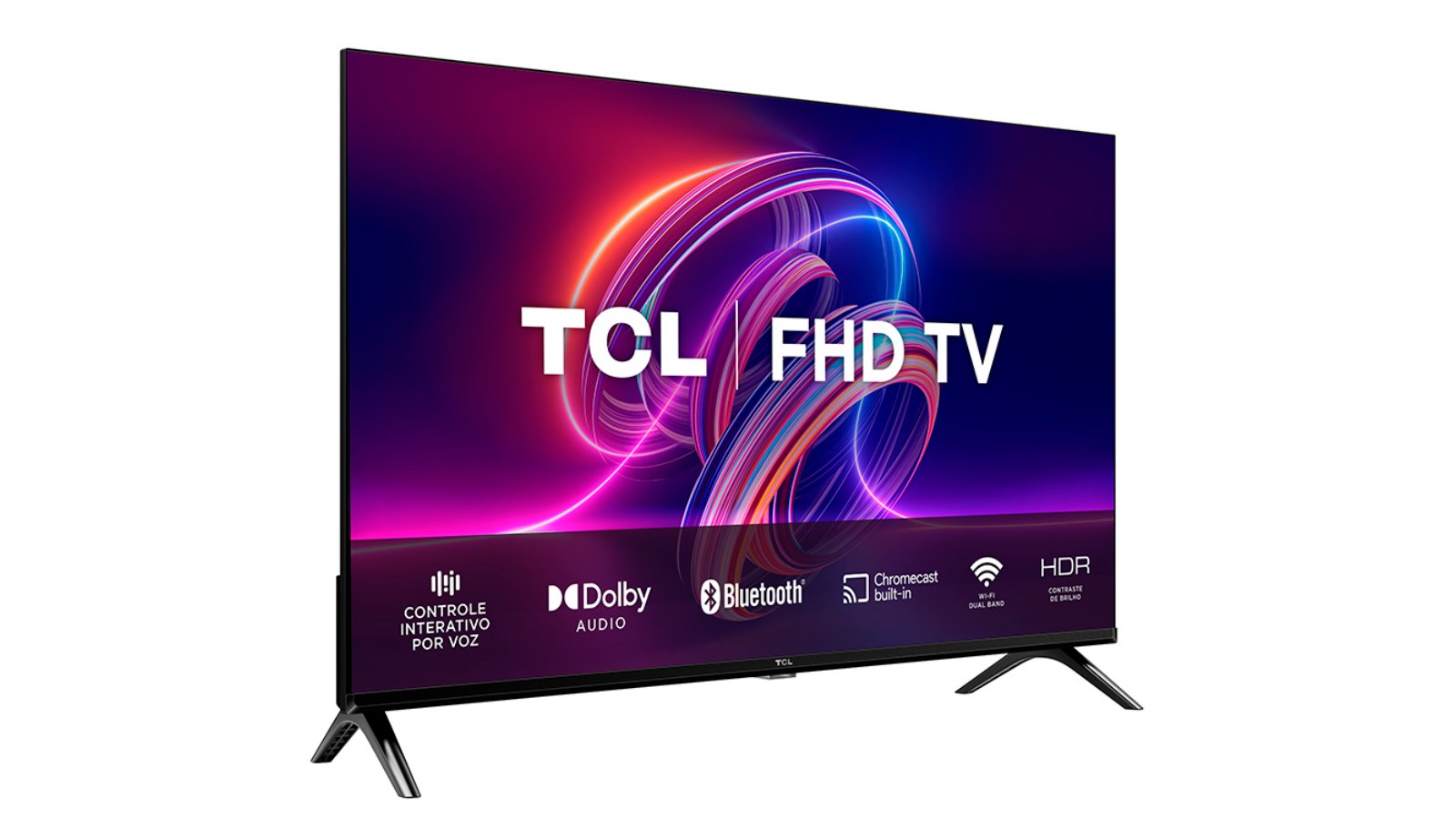 Smart TV TCL 43 polegadas S5400A vista em perspectiva, com moldura fina preta e dois pés laterais