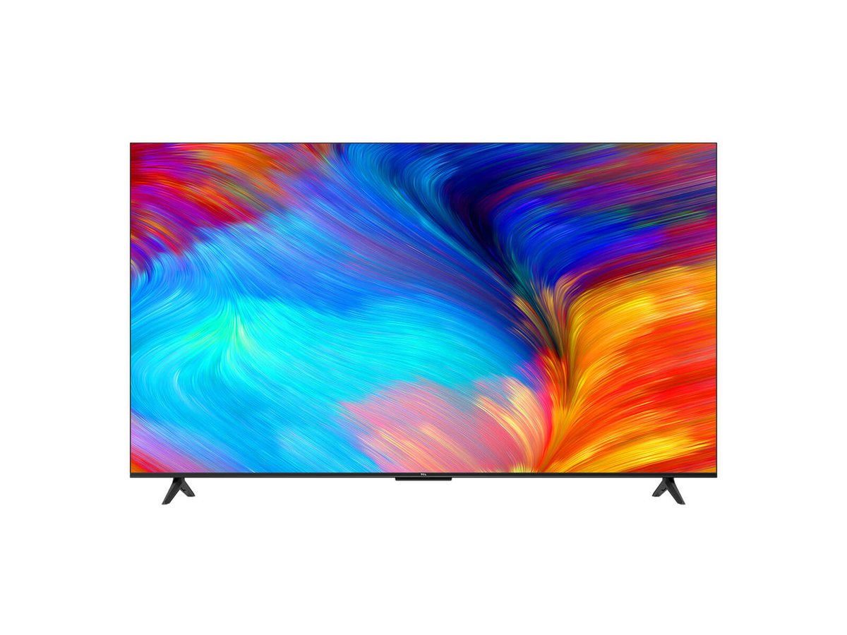 Smart TV TCL P635 4K Google TV vista de frente, com moldura fina e dois pés nas pontas