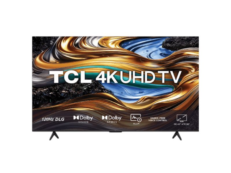 Smart TV TCL P755 4K UHD vista de frente, com moldura fina e dois pés nas pontas