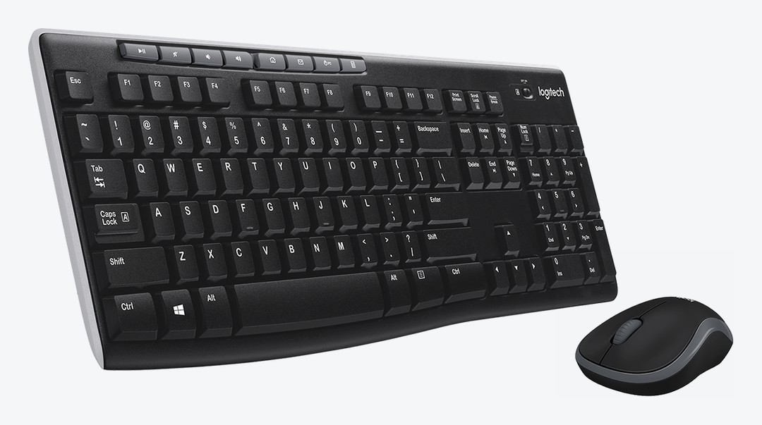 Combo Logitech MK270 em vista inclinada, com o teclado de tamanho normal e o mouse compacto ao lado