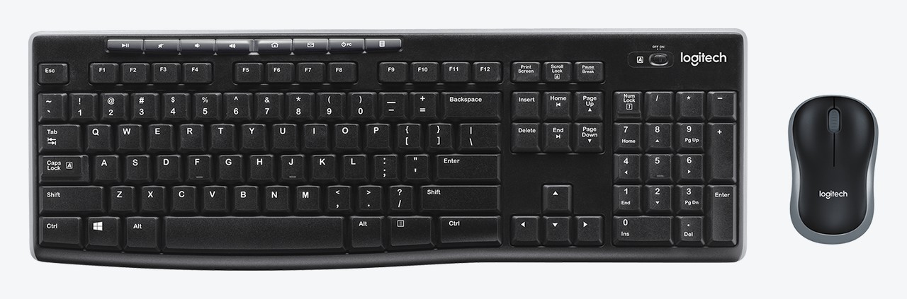 Combo Logitech MK270 visto de cima, com teclado preto de tamanho normal e mouse compacto preto e cinza