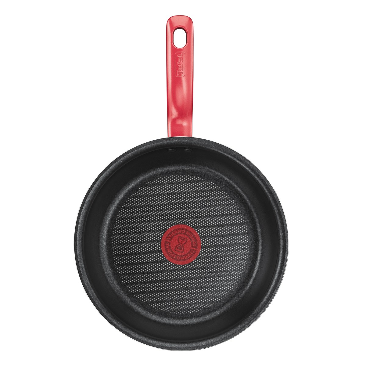 Frigideira Tefal So Chef 24 cm vermelha vista de cima, com cabo vermelho e indicador Thermo-Sinal