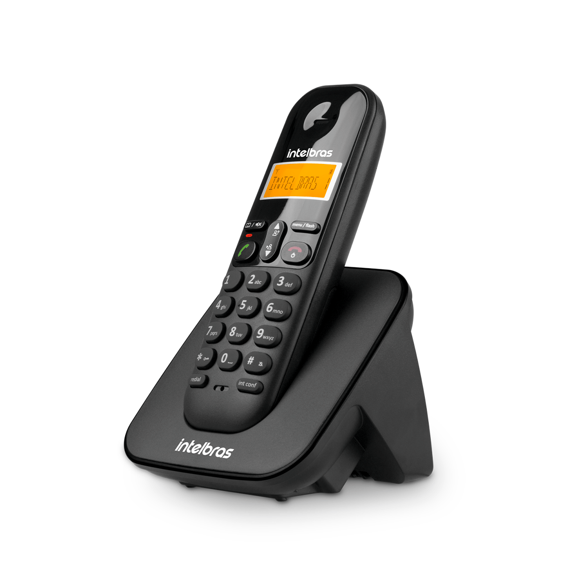 Telefone sem fio Intelbras TS 3110 preto com display luminoso laranja, fone apoiado na base