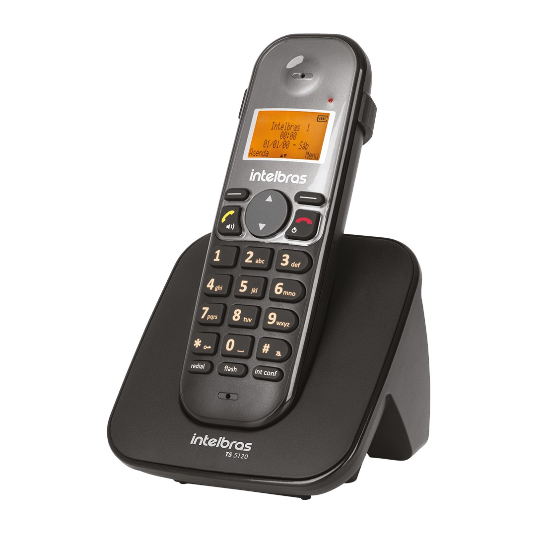Fone e base do telefone sem fio Intelbras TS 5120 em vista de lado, com botões de atender e desligar e teclado numérico