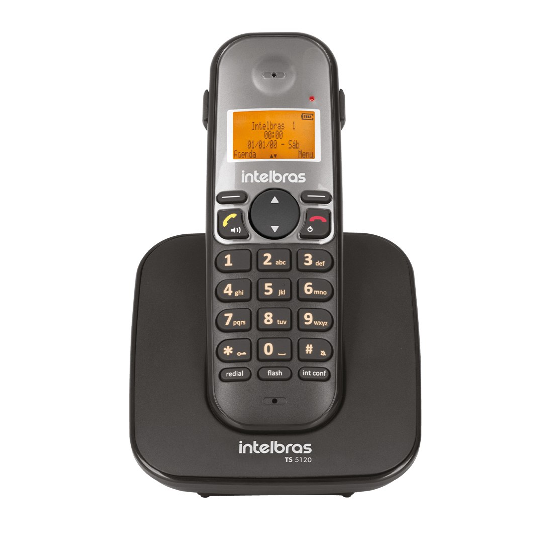 Telefone sem fio Intelbras TS 5120 preto no suporte, com display laranja aceso e teclado numérico com números em destaque
