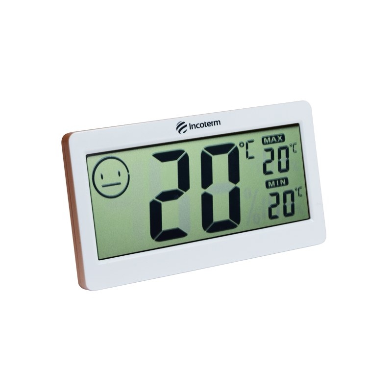 Termo-higrômetro digital Incoterm branco, com algarismos grandes de temperatura, máxima e mínima no visor