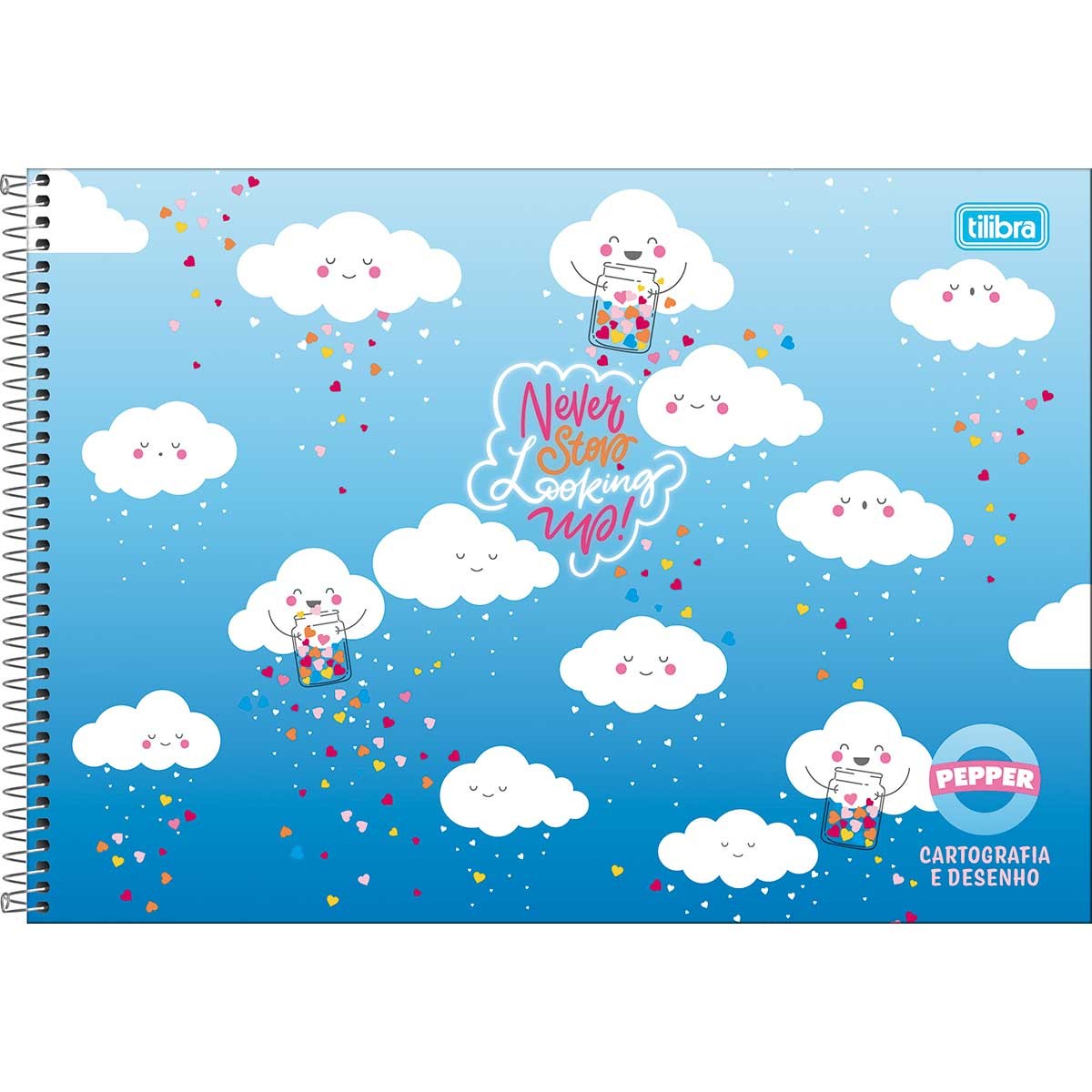 Caderno de desenho Tilibra Pepper espiral com capa azul, nuvens sorridentes e corações coloridos