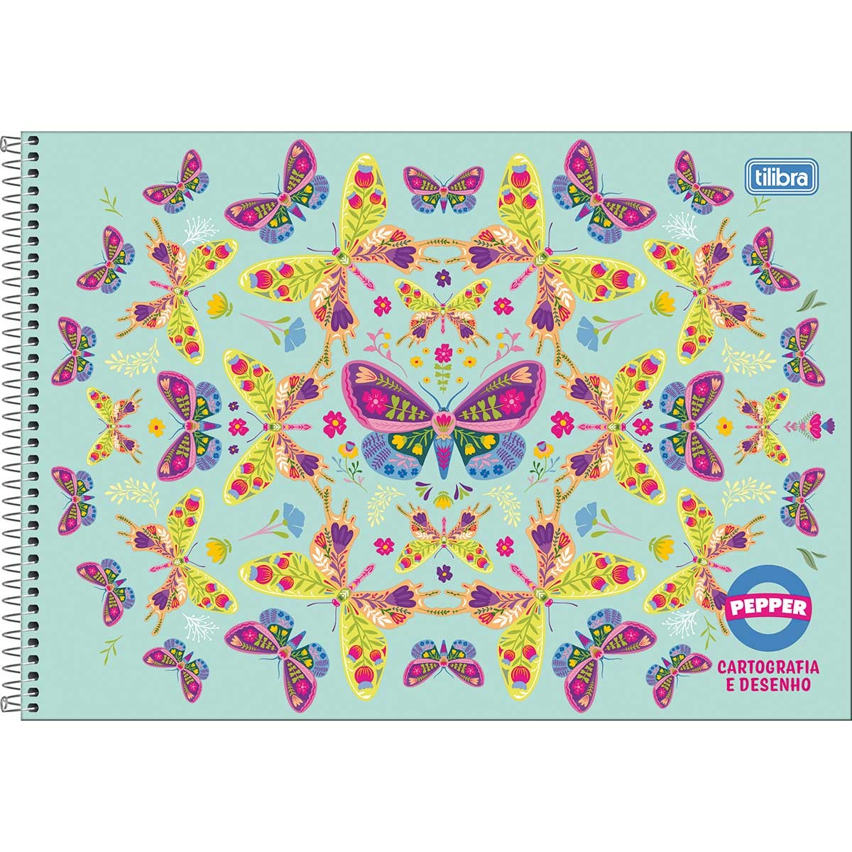 Caderno de desenho Tilibra Pepper espiral com capa verde-água e borboletas coloridas
