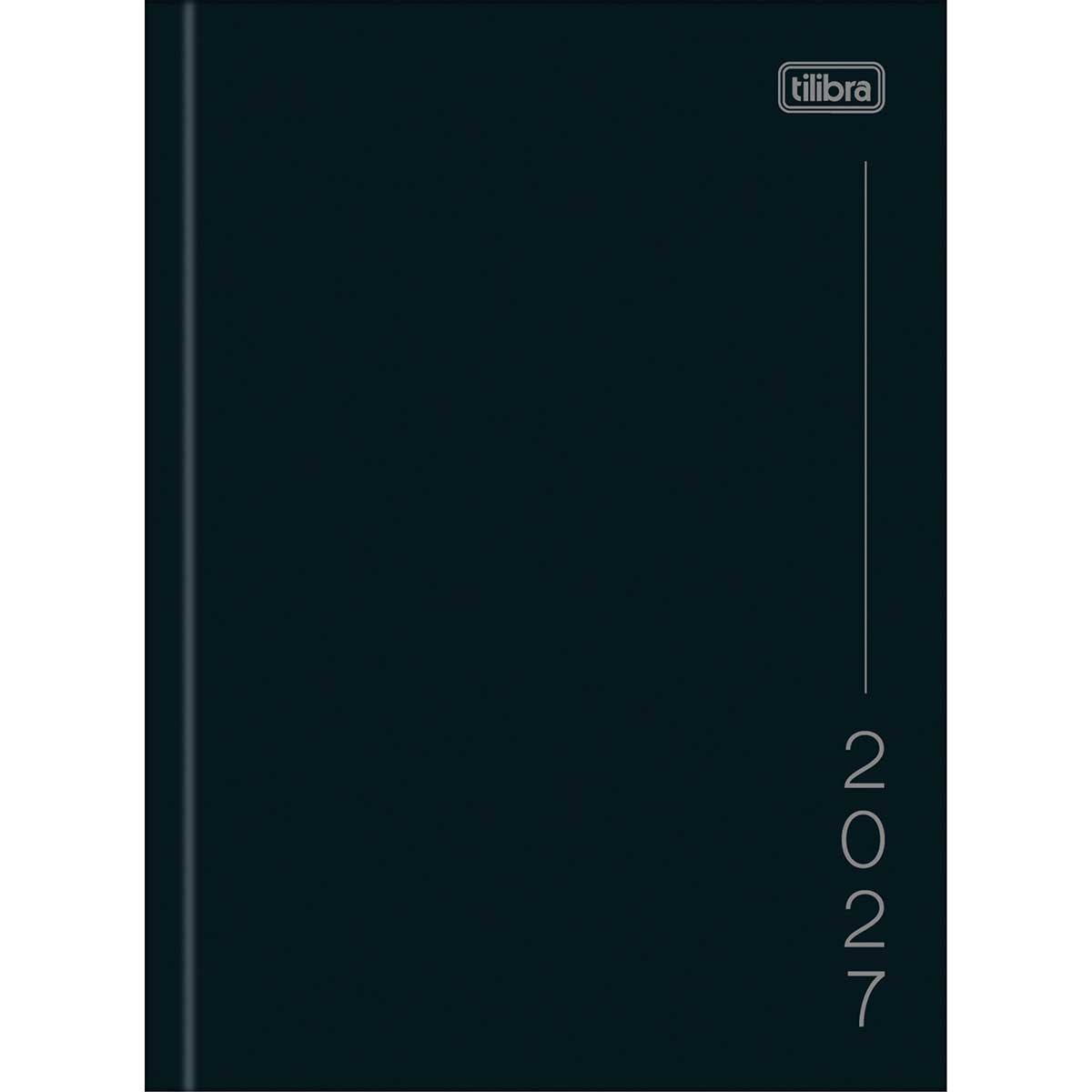 Capa preta da agenda Tilibra Pepper 2027 com o logotipo da marca e o ano na vertical