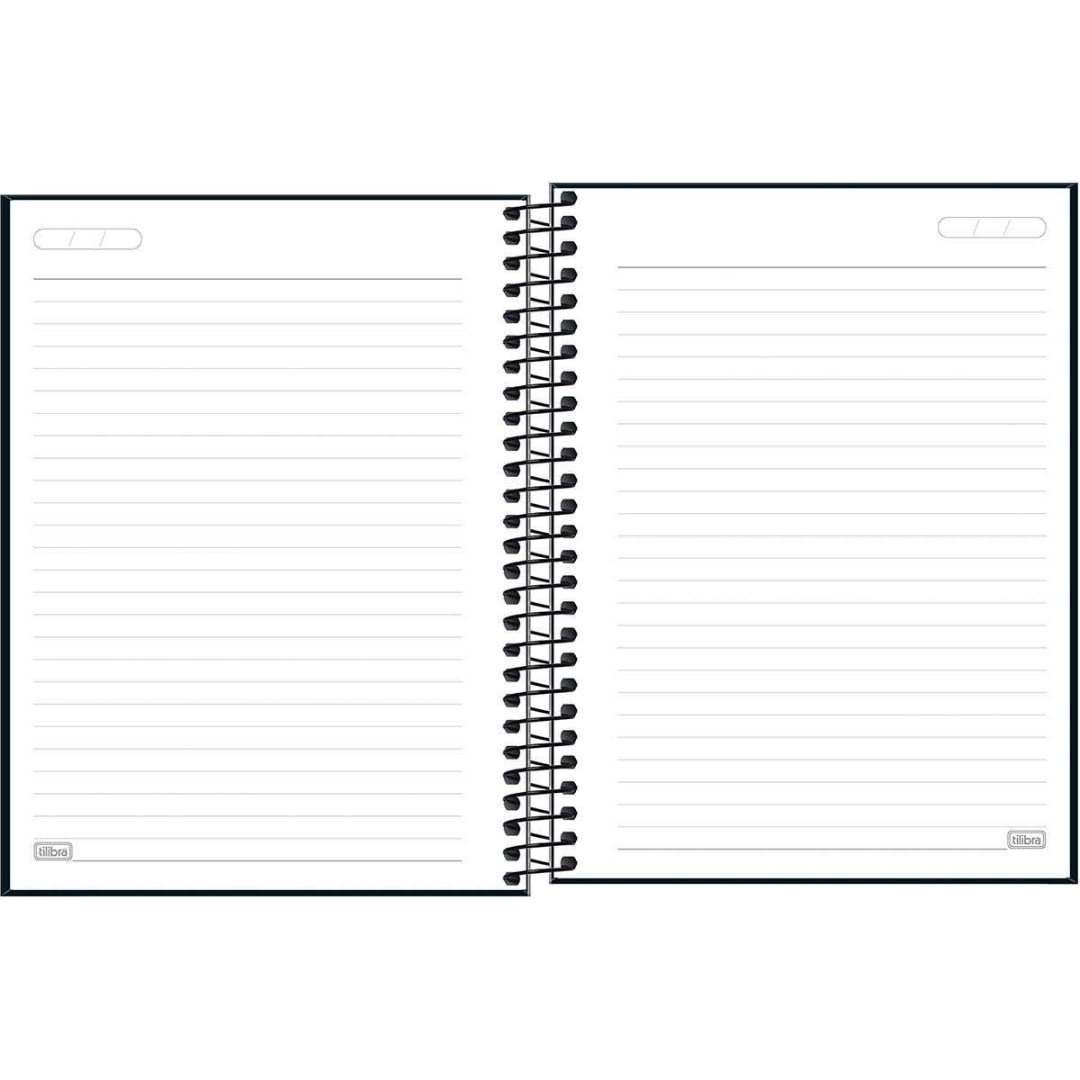 Caderno espiral Tilibra Zip Preto aberto mostrando as folhas pautadas e o espiral