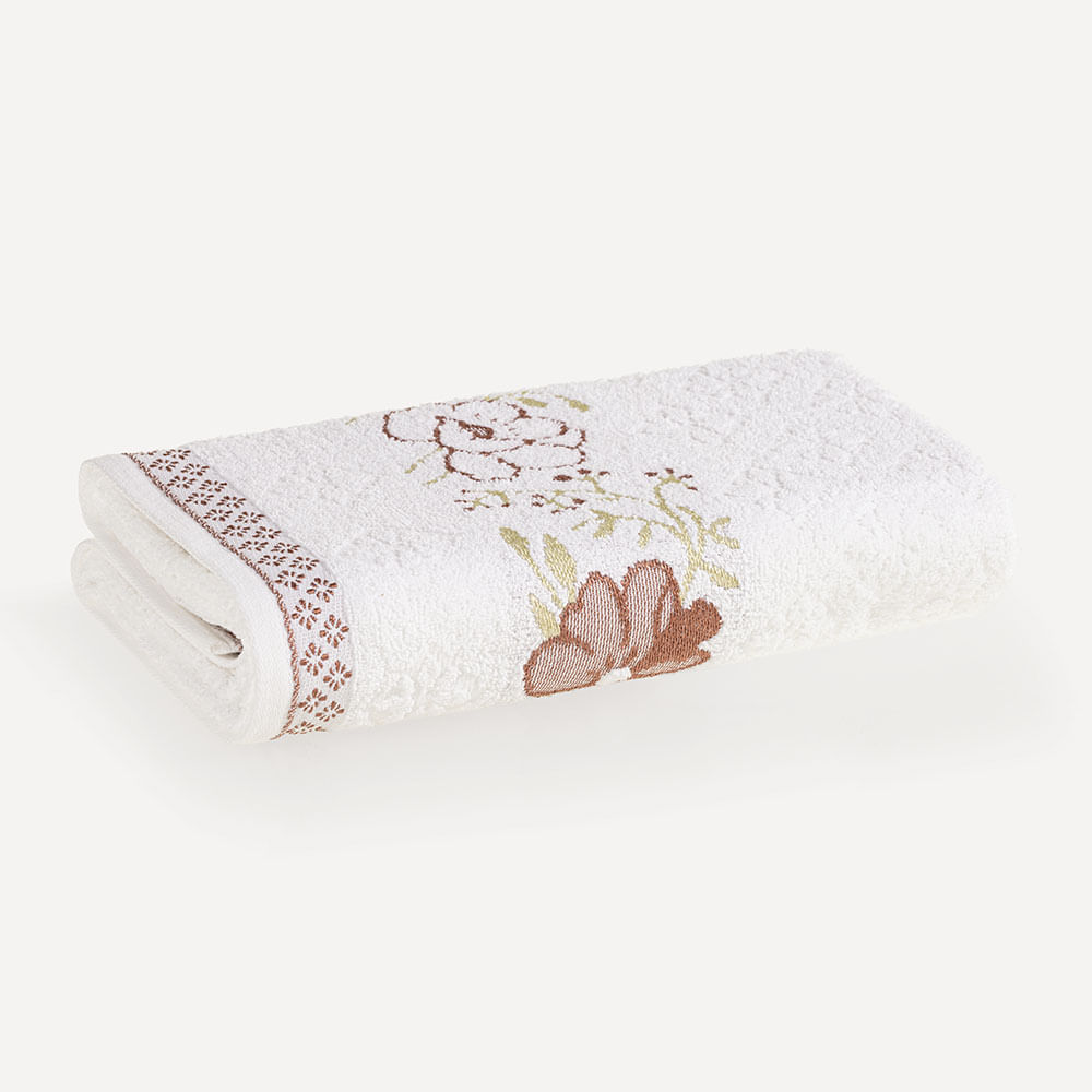 Toalha de banho Karsten Yuna Branco com barra de flores em jacquard