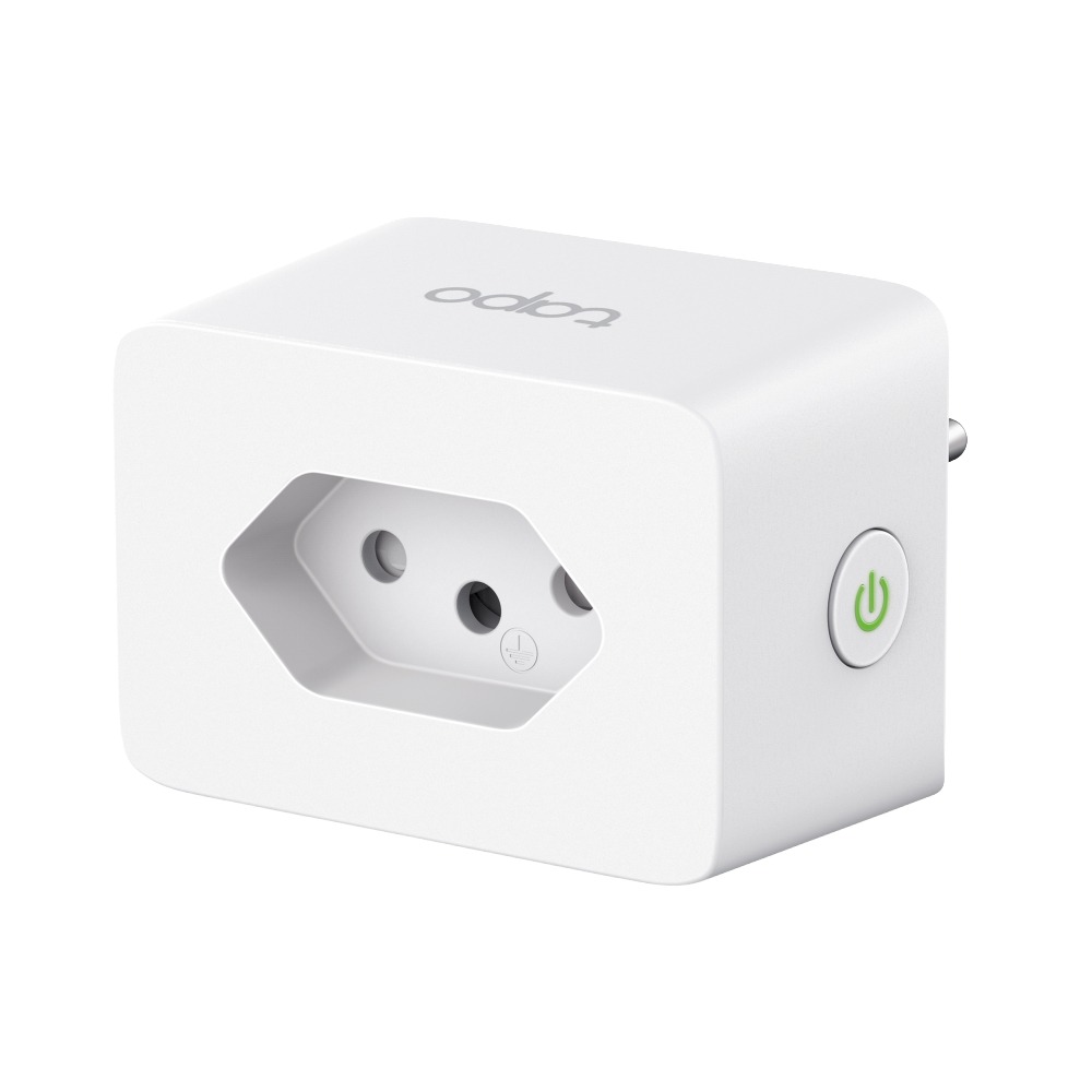 Mini tomada inteligente Wi-Fi Tapo P110 da TP-Link, branca, com botão de energia na lateral