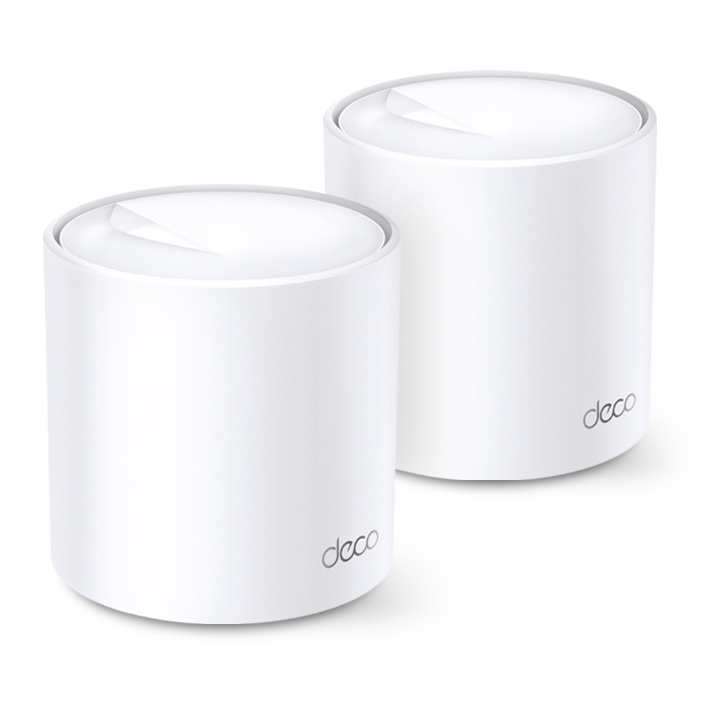 Duas unidades do roteador mesh TP-Link Deco X20, cilíndricas e brancas, com a marca deco gravada