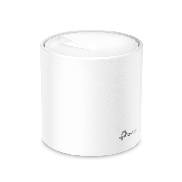 Uma unidade do roteador mesh TP-Link Deco X50, cilíndrica e branca, com o logotipo tp-link na lateral