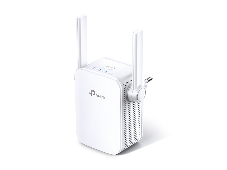 Repetidor de sinal Wi-Fi TP-Link RE305 branco com duas antenas externas, botão WPS e luzes no topo