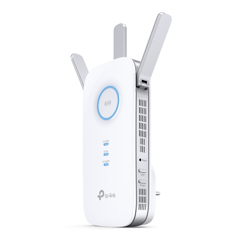 Repetidor de sinal Wi-Fi TP-Link RE450 branco, alto, com três antenas externas e anel luminoso no centro
