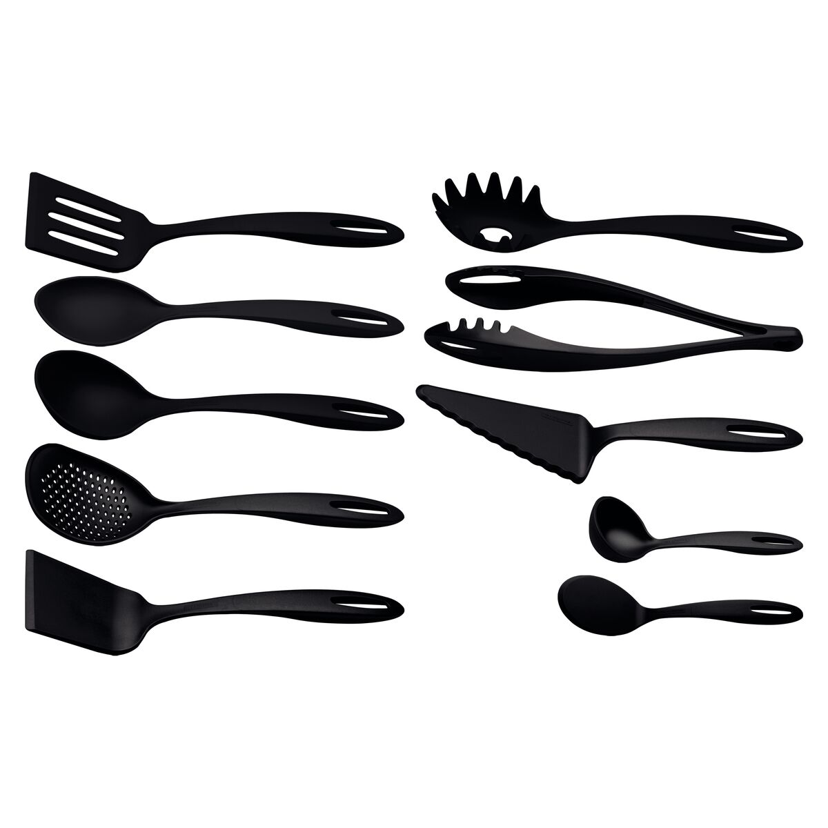 Jogo de utensílios Tramontina Ability em nylon preto com 10 peças dispostas lado a lado