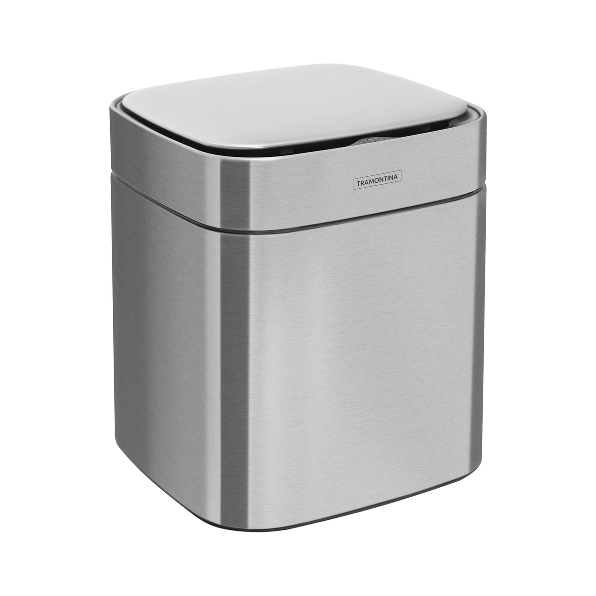 Lixeira Tramontina Sense Square 8 L em aço inox acetinado com tampa fechada, vista em ângulo
