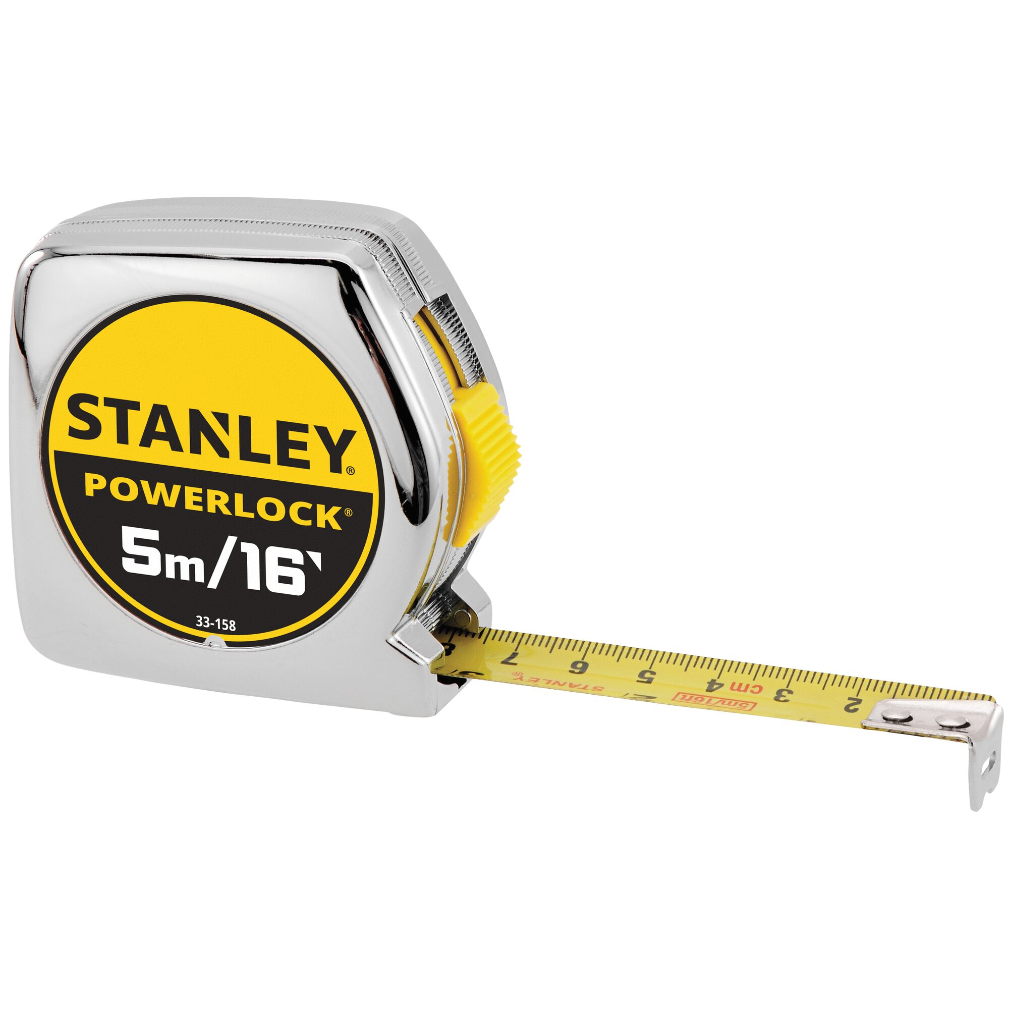 Trena Stanley Powerlock de 5 metros com caixa cromada, botão amarelo de trava e fita amarela estendida