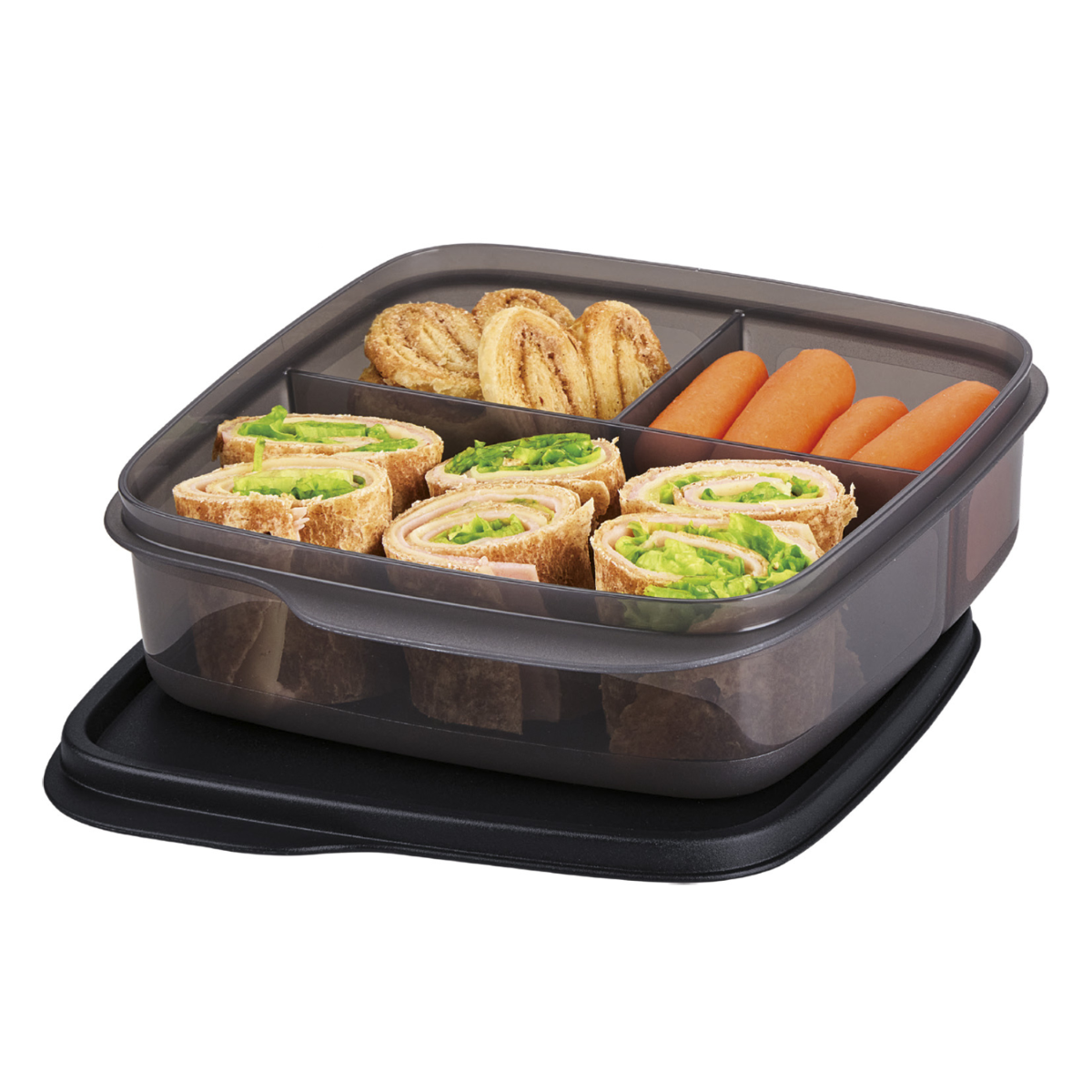Pote hermético Tupperware Basic Line com divisórias de 550 ml, visto de cima com a tampa colorida