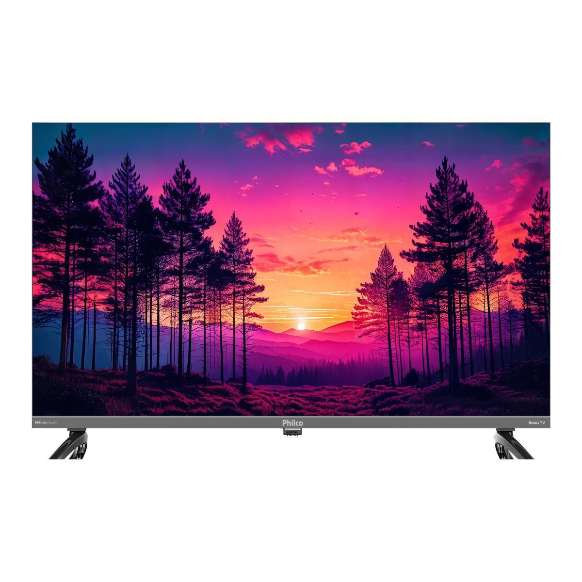 Smart TV Philco 43 polegadas Roku P43KRA vista de frente, com moldura cinza e pés laterais