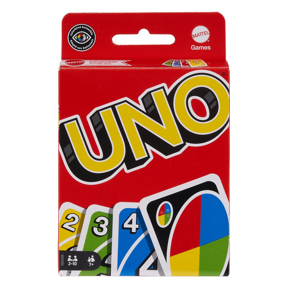 Caixa vermelha do jogo de cartas UNO Original Mattel W2085, com cartas coloridas na parte de baixo