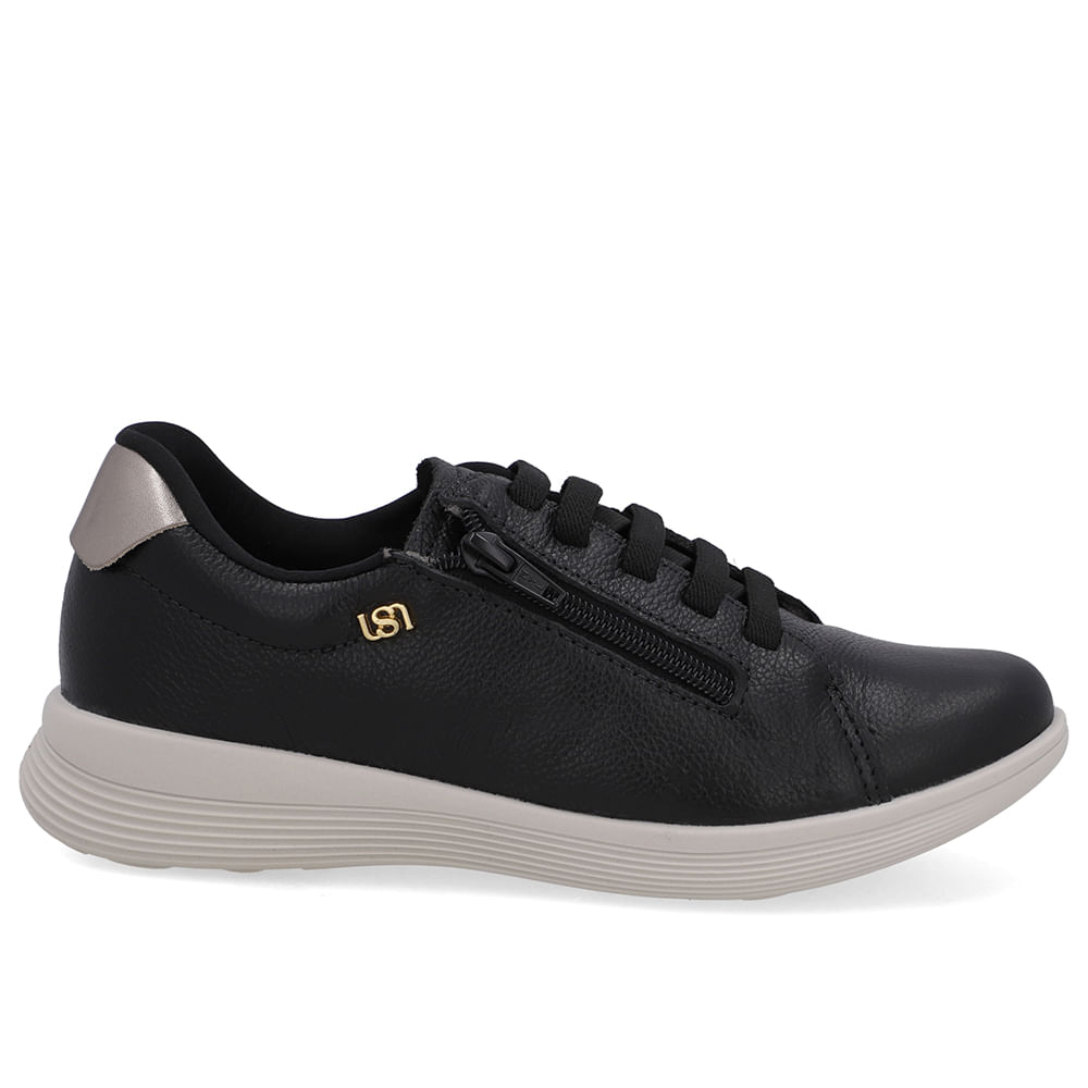 Tênis Usaflex UD02007001 de couro preto com cadarço em elástico e zíper lateral