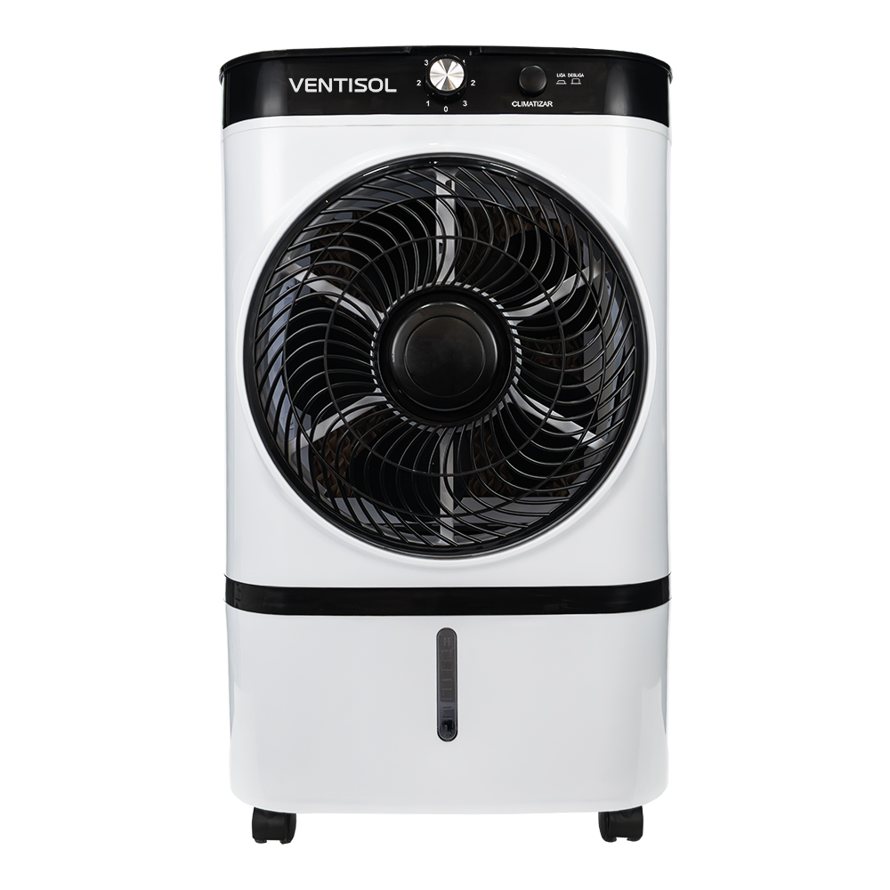 Climatizador Ventisol CLI09 branco e preto, com hélice grande no centro, seletor numerado no topo e rodízios na base
