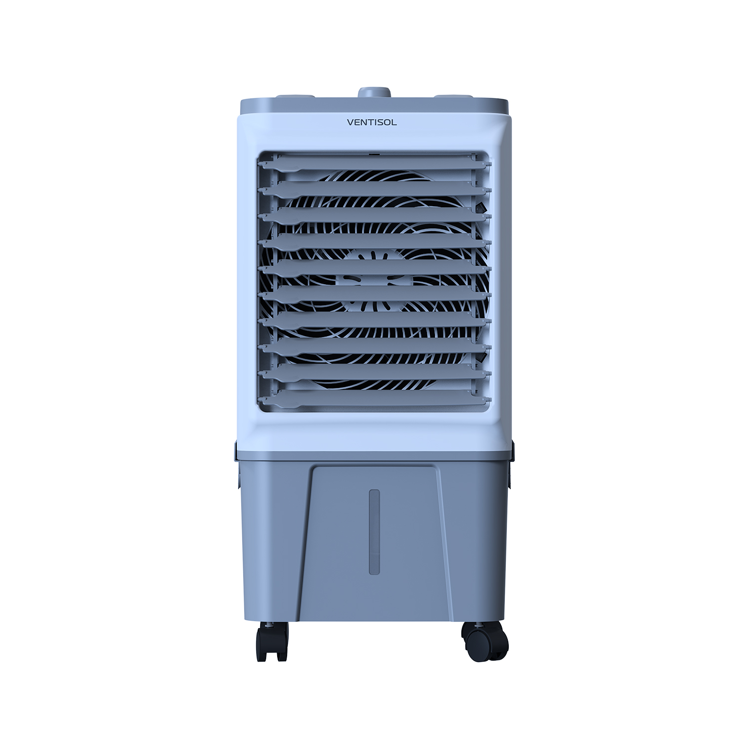 Climatizador Ventisol CLIN16 azul acinzentado, com grade de aletas na frente, reservatório na base e rodízios