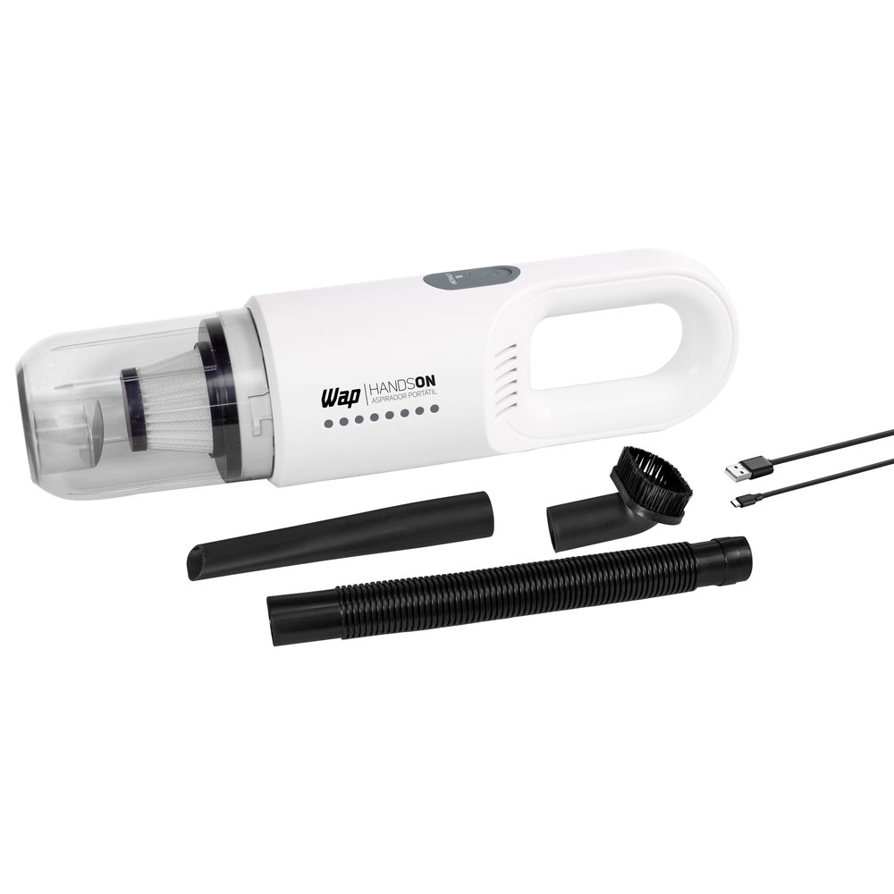 Aspirador de pó portátil WAP Handson branco com bico escova, bico canto, mangueira e cabo USB