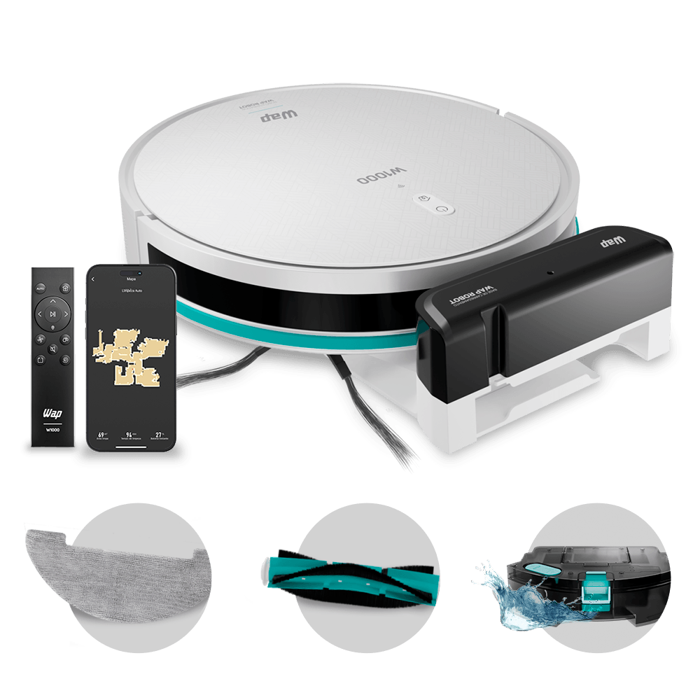 Robô aspirador WAP Robot W1000 branco com detalhe turquesa, base de carregamento, controle remoto, celular com o mapa da casa, pano, escova e recipiente de água