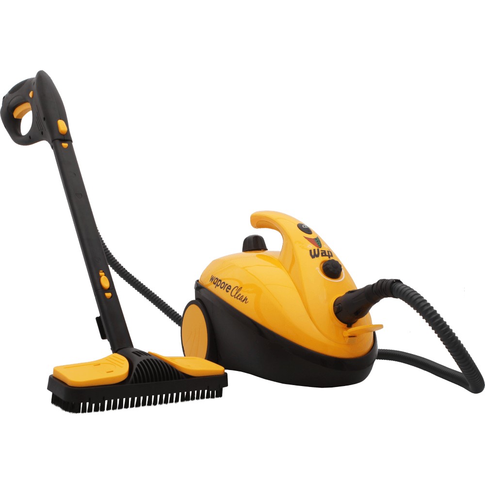 Vaporizador WAP Wapore Clean amarelo e preto, com mangueira, haste e escova de piso