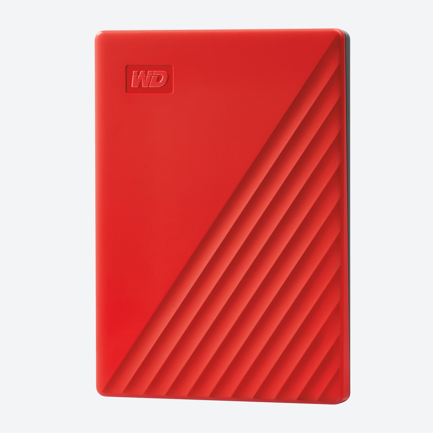 HD externo portátil WD My Passport vermelho com o logotipo WD, visto em ângulo