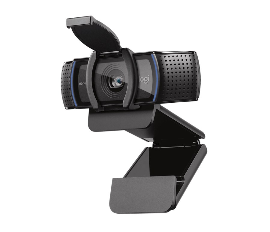 Webcam Logitech C920s preta com tampa de privacidade aberta